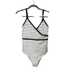 SKYE Womens Black White Striped Wrap V-Neck One Piece Swimsuit Large SK752165